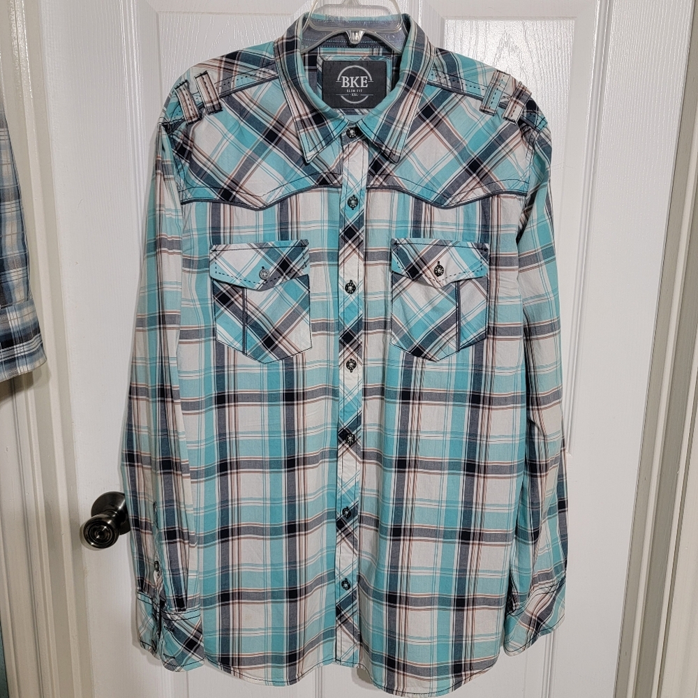 BKE Plaid Turquoise/White Western Long Sleeve Slim Fit Men's Size XXL